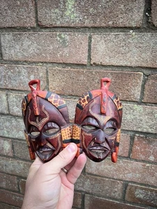 African Wooden Face Tribal Mask Hand Carved Wood Wall Decor Art 5” Set 2 - Picture 1 of 4