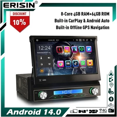 8-Core 4G+64GB Android 14 Autoradio DAB+ Universal 1DIN Navi CarPlay WiFi BT 5.0 - Immagine 1 di 4