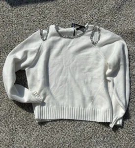 Women's XL Rhinestone Embellished White Cutout Sweater White House Black Market - Picture 1 of 10