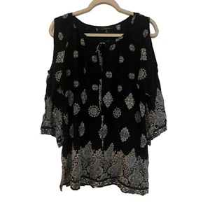 Calessa Tunic Top Womens Medium Multicolor Boho Artsy Cold Shoulder Blouse - Picture 1 of 7