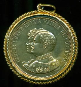 RARE 1908 PORTUGAL VERMEIL SILVER MEDAL CARLOS I KING & AMELIA HALLMARK AT RING - Picture 1 of 2