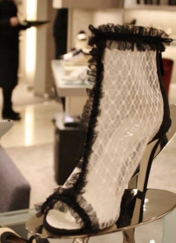 CHANEL Maglia Trasparente Trapuntato Punta Pizzo Pieghevole Finitura 37 5 Stivaletti Ecru Nero