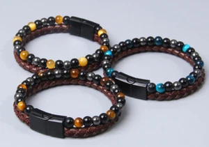 Fashion Men Jewelry Natural Stone Genuine Leather Bracelet Black Stainless Steel - Picture 1 of 10