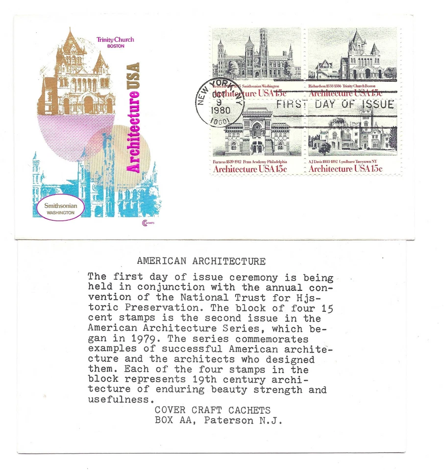 1838-41 1980 Architecture Cover Craft Cachets, CCC, block of 4  FDC - Image 1 of 1
