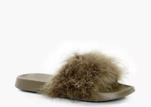 NEW NIB Boohoo Women's Annabelle Khaki (Brown) Feather Slider Sz 10 $36 - Picture 1 of 4