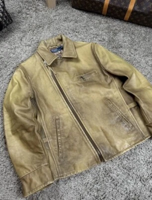 Polo Ralph Lauren Medium Brown Tan Leather Biker Jacket RRL Moto Coat VtG Tweed - Image 1 of 4
