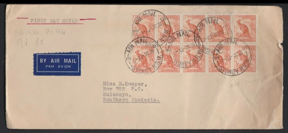 1938 1/2d Orange  Kangaroo Block 10 Australia FDC to Rhodesia Africa (EGYPT CDS) - Image 1 of 4