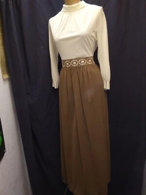 Maxi Vestido Jersey Vintage Años 60 70 Marrón Blanco de Lintime Mediano Foto 1 de 4