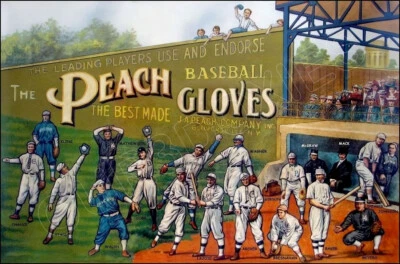 1910 Peach Baseball Gloves Store Counter Standup Sign Large Cobb Wagner Johnson - Image 1 of 4