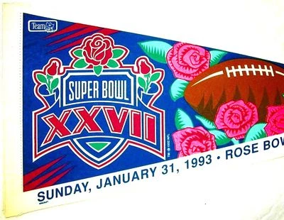 1993 Super Bowl XXVII 28 Pennant Dallas Cowboys Buffalo Bills NFL Rose Bowl - Image 1 of 2
