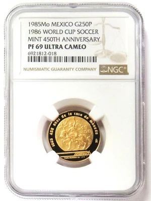 1985 GOLD MEXICO 250 PESOS WORLD CUP SOCCER PROOF COIN NGC PF 69 ULTRA CAMEO - Image 1 of 2