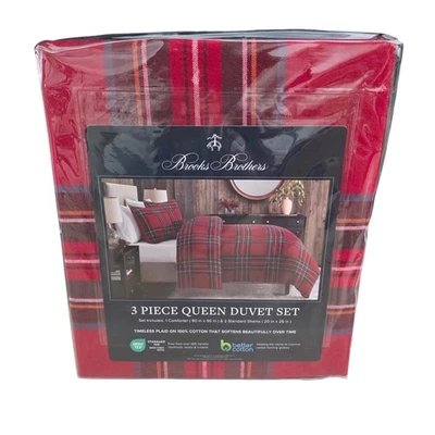 Brooks Brothers Red Tartan Plaid 3 PC Queen Duvet Cover Sham Set NWT - Image 1 of 3