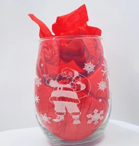 Santa Claus & Snowflakes 20.5 oz Etched Stemless Wine Glass Holliday Christmas - Picture 1 of 10