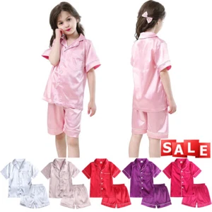Kids Boys Girls Silk Pyjamas Nightwear Top Pants Pjs Satin Sleepwear Outfits - Picture 1 of 19