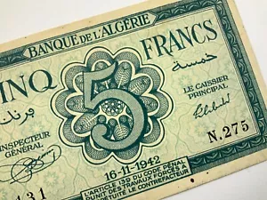 1942 Algerien 5 Franken im Umlauf befindliche Banknote Z605 - Bild 1 von 9