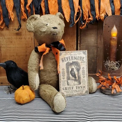 PRIMITIVE VINTAGE STEAMPUNK STYLE HALLOWEEN RAVEN CROW TONIC WOOD SHELF SIT SIGN - Image 1 of 4
