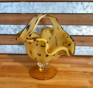 MURANO'S WEISSE KRISTALL KUNST GLASSCHALE Taschentuch Stil Italien Bernstein Wirbel - Bild 1 von 4
