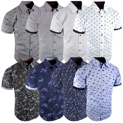 Flip Cuff Short Sleeve Shirt Men Cotton Chest Pocket NEW Casual Prints Button Up - Image 1 of 2