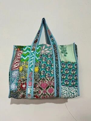 Indian Turquoise Patchwork Quilted Shoulder Bags Women's Beach Cotton Handbag UK - Image 1 of 4