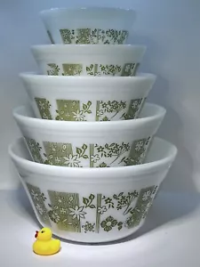 VTG Federal Milk Glass Nesting Mixing Bowl Set of 5 Olive / Avocado Green Floral - Picture 1 of 9