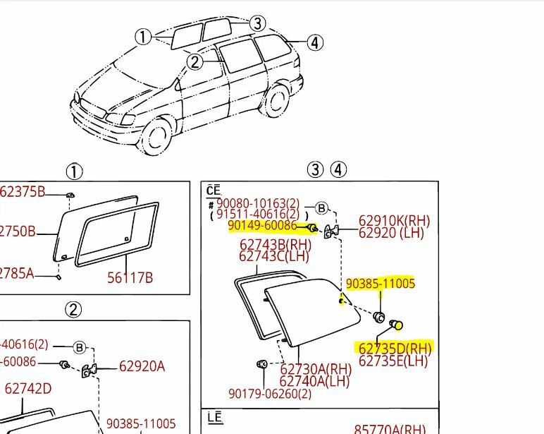 Retenedor de vidrio trasero Qtr Toyota Sienna 98-00 y tornillo genuino OEM OE   Foto 1 de 1