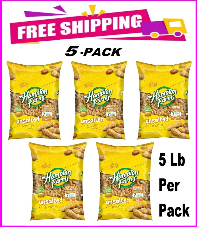 5 PACK - Hampton Farms Unsalted In-Shell Peanuts (5 lbs.) Total 25 lbs - Image 1 of 3