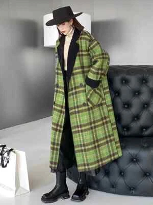 Green Black Classic Urban Chic Street  Edgy Country Tartan  Jacket Midi Coat  16 - Image 1 of 4