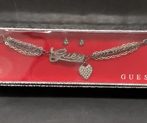Guess logo heart bracelet earrings set NEW Silver tone gunmetal chain BOX 7.5" - Picture 1 of 12