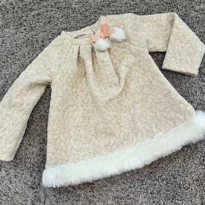 Max Studio Baby Quilted Dress Bow Pom Poms Ivory Fuzzy Trim 18m - Image 1 of 4
