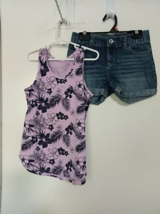 JUSTICE & CHILDRENS PLACE GIRLS SHORTS SET TANK TOP AND JEAN SHORTS SIZE 8 - Picture 1 of 5