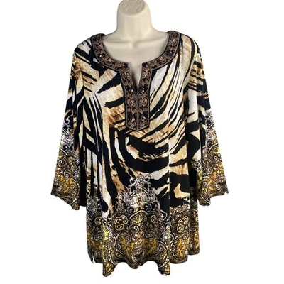 JM Collection Woman Tunic Top 2X Animal Print Embellished Stretch Indie Boho - Image 1 of 4