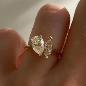 Two Stone 2.10CTW Round & Marquis Moissanite Wedding Ring 14k Yellow Gold Plated - Picture 1 of 10