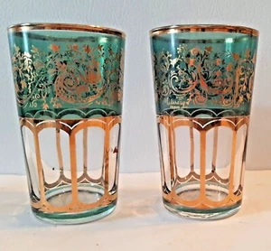 2 Moroccan Juice Tea Glasses Missary Paris Green and Gold Paisley - Picture 1 of 12