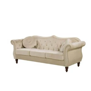US Pride Furniture Sofa 80"x34" Squarearm Upholstered Trim 3-Seater Velvet Ivory - Picture 1 of 4