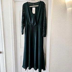 Bloomchic Dress 14/16 Deep Green Dress Lace Long Sleeves Belted - Picture 1 of 3