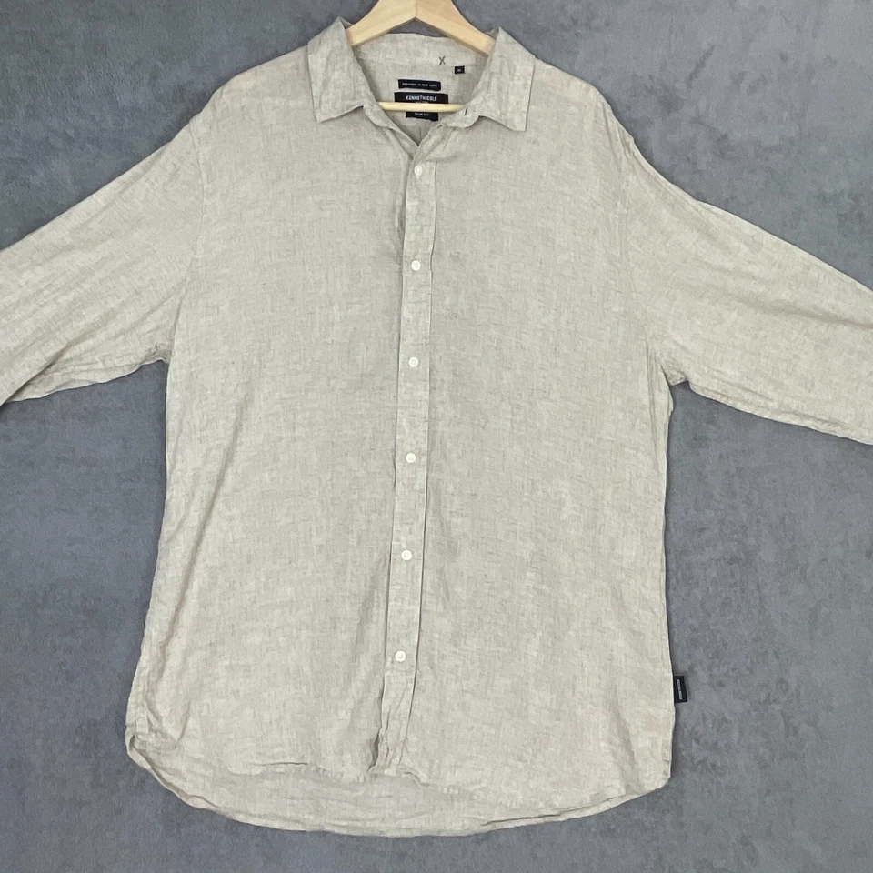Kenneth Cole Shirt Men's XL Beige Linen Blend Summer Button-Up Classic Active - Image 1 of 4