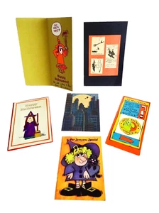 wITCH HALLOWEEN HOLIDAY USED GREETING CARDS & COMIC CUT OUT VINTAGE LOT neocurio - Picture 1 of 6