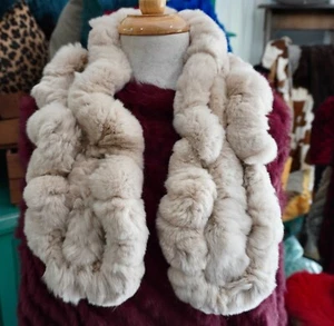 Wonderful Thick & Super Soft Beige Toned Crochet Detail Rex Rabbit Fur Scarf - Picture 1 of 7
