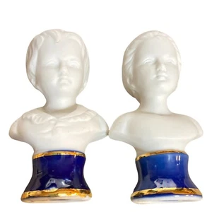 Kleine Porzellan Biskuit Statuen Louise und Alexandre blaue Glasur Boden Akzente 4" - Bild 1 von 10
