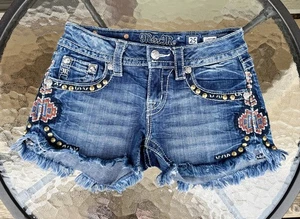 Miss Me Size 25 Denim Jean Cut Off Shorts Distressed Fringe Aztec Stitching CUTE - Picture 1 of 9
