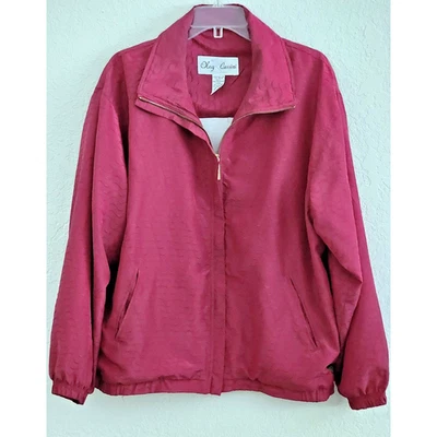 JACKET-OLEG CASSINI-Burgundy-Textured-Elastic Cuffs & Hem-Zipper-Size Large - Image 1 of 4