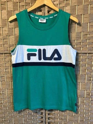 Camiseta sin mangas unisex vintage con logotipo verde azul y blanco FILA. Ropa deportiva talla 10 UK/Aus Foto 1 de 4