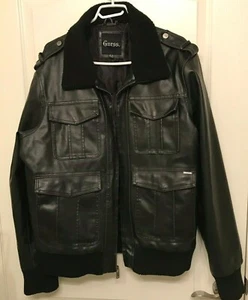GUESS Mens Bomber Coat Black Faux Leather Zip Up Jacket Size XL - Picture 1 of 12