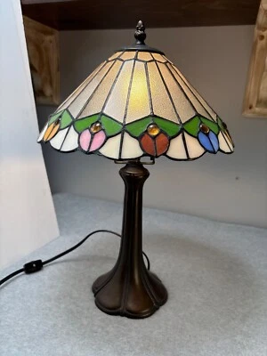 Tiffany Style Stained Glass Table Lamp With Bronze Metal Base & Multi-Color Flor - Image 1 of 4