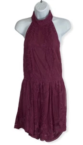 NWT She + Sky Women's Halter Neck Lined Romper Lace Overlay Floral Plum Size M  - Picture 1 of 5