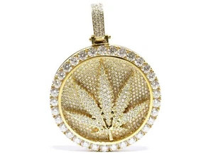 Mens 14k Yellow Gold 11.00ct White Diamond Round Marijuana Cannabis Leaf Pendant - Picture 1 of 9