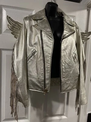 JAQUETA DE MOTOCICLISTA NOVA SEM ETIQUETAS Adidas Jeremy Scott couro dourado com asas tamanho médio - Imagem 1 de 4