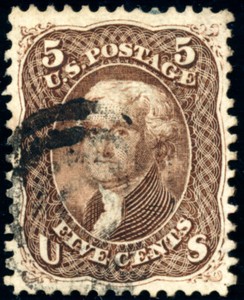 US 95 5c 1868 Thomas Jefferson F grill F-VF partial target cancel PSE cert