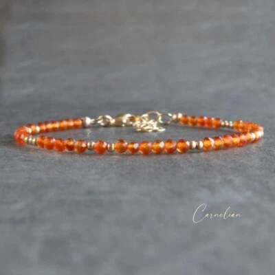 天然橙色红宝石刻面圆形宝石镀金珠 6-8 英寸手链 — 第 1/4 张图片