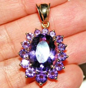 14K Solid Yellow Gold Pendant 24mm HUGE Flower Purple Amethyst Gemstone 7 Grams - Picture 1 of 12